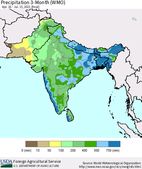 Southern Asia Precipitation 3-Month (WMO) Thematic Map For 4/16/2021 - 7/15/2021