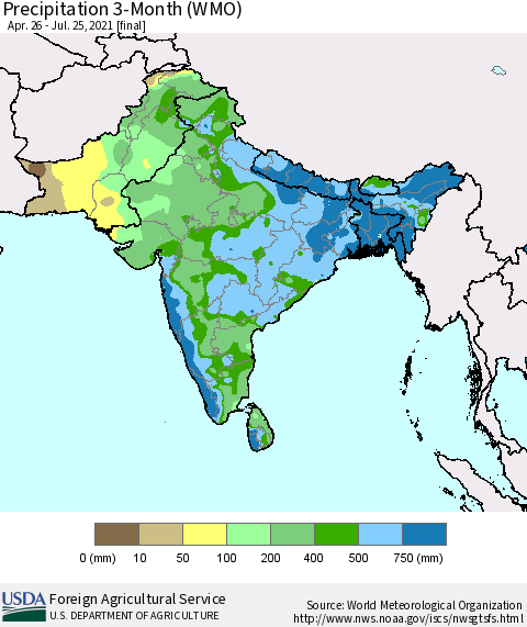 Southern Asia Precipitation 3-Month (WMO) Thematic Map For 4/26/2021 - 7/25/2021