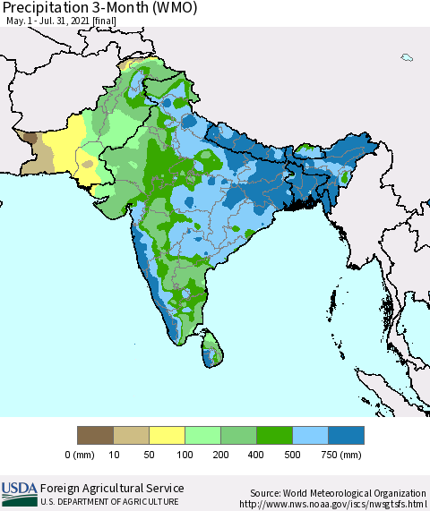 Southern Asia Precipitation 3-Month (WMO) Thematic Map For 5/1/2021 - 7/31/2021