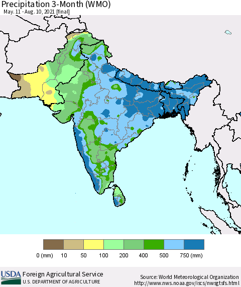 Southern Asia Precipitation 3-Month (WMO) Thematic Map For 5/11/2021 - 8/10/2021
