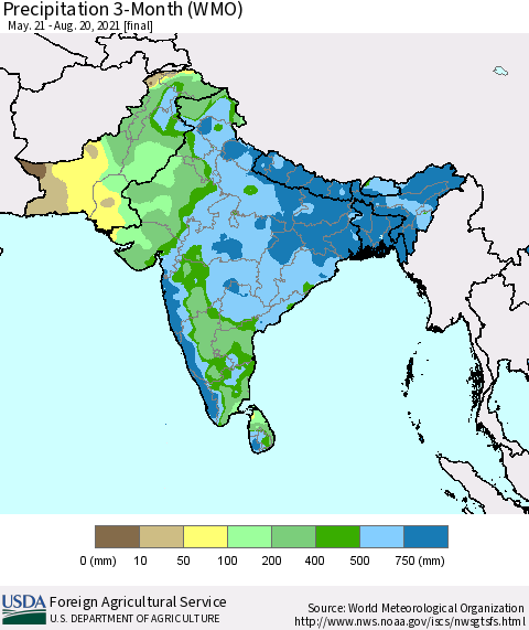 Southern Asia Precipitation 3-Month (WMO) Thematic Map For 5/21/2021 - 8/20/2021