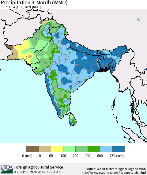 Southern Asia Precipitation 3-Month (WMO) Thematic Map For 6/1/2021 - 8/31/2021