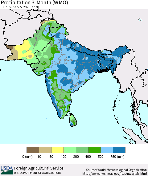 Southern Asia Precipitation 3-Month (WMO) Thematic Map For 6/6/2021 - 9/5/2021