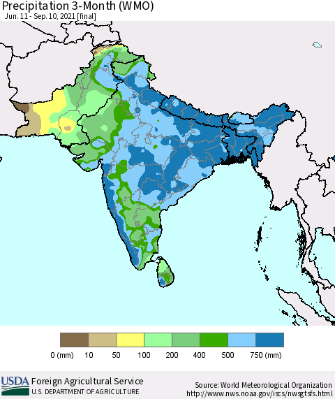 Southern Asia Precipitation 3-Month (WMO) Thematic Map For 6/11/2021 - 9/10/2021