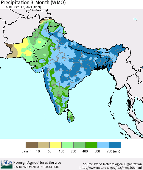 Southern Asia Precipitation 3-Month (WMO) Thematic Map For 6/16/2021 - 9/15/2021