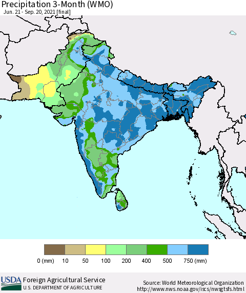 Southern Asia Precipitation 3-Month (WMO) Thematic Map For 6/21/2021 - 9/20/2021