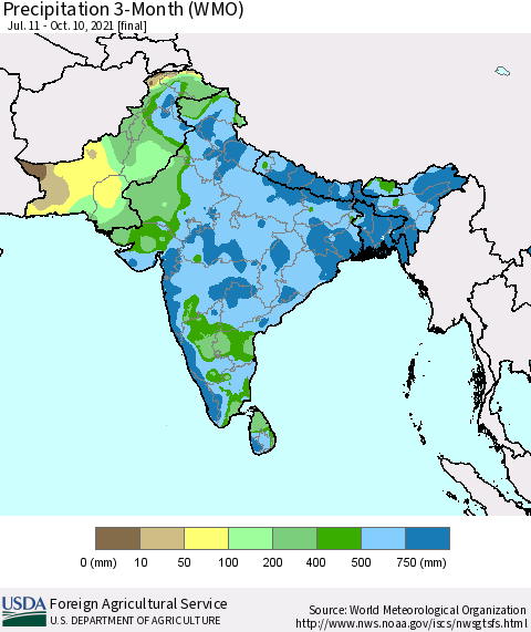 Southern Asia Precipitation 3-Month (WMO) Thematic Map For 7/11/2021 - 10/10/2021