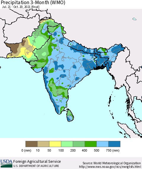 Southern Asia Precipitation 3-Month (WMO) Thematic Map For 7/21/2021 - 10/20/2021