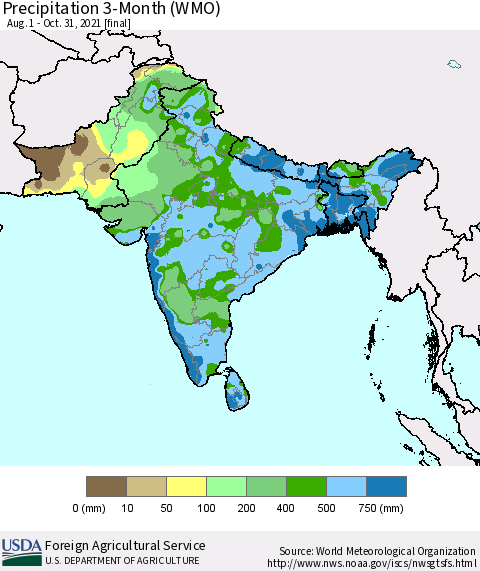 Southern Asia Precipitation 3-Month (WMO) Thematic Map For 8/1/2021 - 10/31/2021