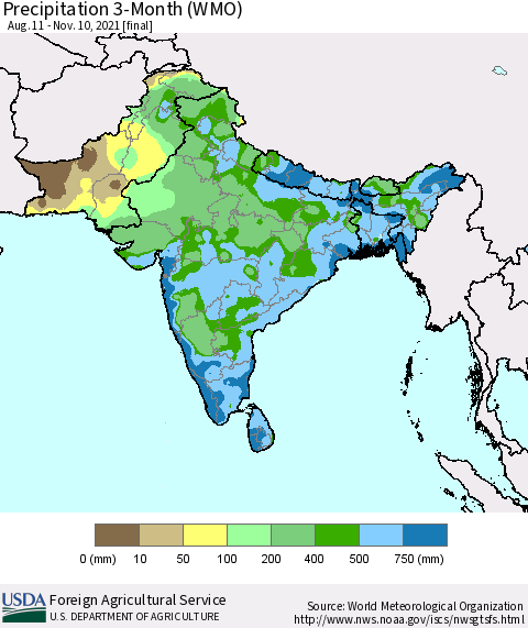 Southern Asia Precipitation 3-Month (WMO) Thematic Map For 8/11/2021 - 11/10/2021