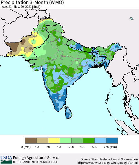 Southern Asia Precipitation 3-Month (WMO) Thematic Map For 8/21/2021 - 11/20/2021