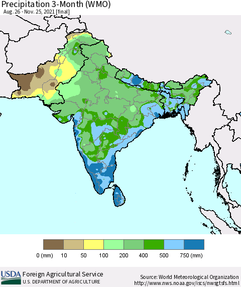 Southern Asia Precipitation 3-Month (WMO) Thematic Map For 8/26/2021 - 11/25/2021