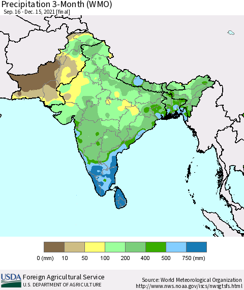 Southern Asia Precipitation 3-Month (WMO) Thematic Map For 9/16/2021 - 12/15/2021