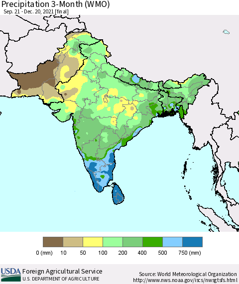Southern Asia Precipitation 3-Month (WMO) Thematic Map For 9/21/2021 - 12/20/2021