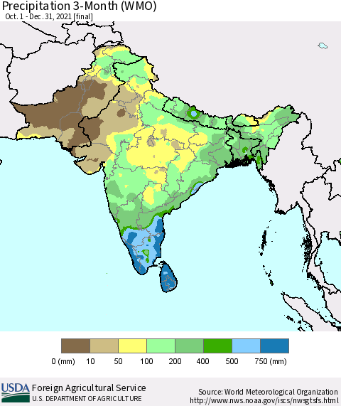 Southern Asia Precipitation 3-Month (WMO) Thematic Map For 10/1/2021 - 12/31/2021