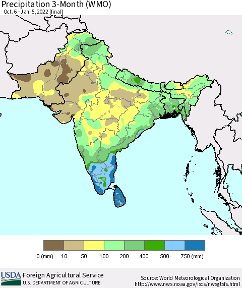 Southern Asia Precipitation 3-Month (WMO) Thematic Map For 10/6/2021 - 1/5/2022