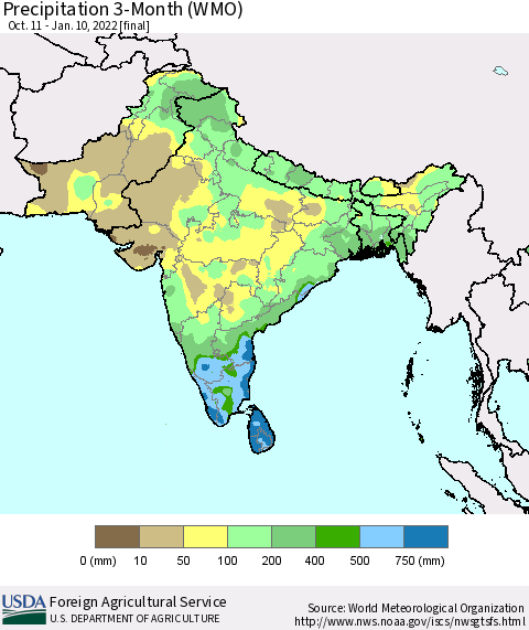 Southern Asia Precipitation 3-Month (WMO) Thematic Map For 10/11/2021 - 1/10/2022