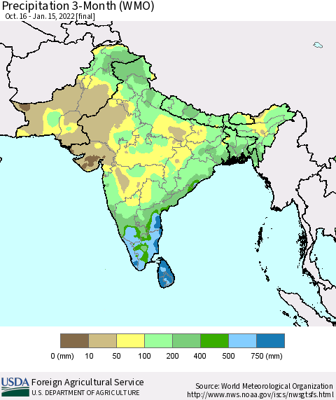 Southern Asia Precipitation 3-Month (WMO) Thematic Map For 10/16/2021 - 1/15/2022