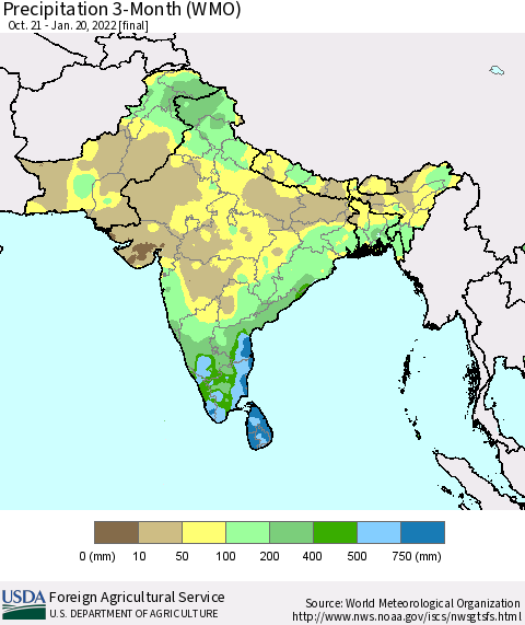 Southern Asia Precipitation 3-Month (WMO) Thematic Map For 10/21/2021 - 1/20/2022