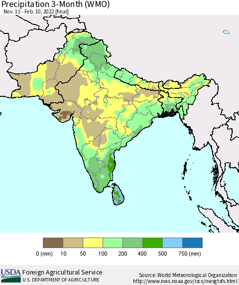 Southern Asia Precipitation 3-Month (WMO) Thematic Map For 11/11/2021 - 2/10/2022