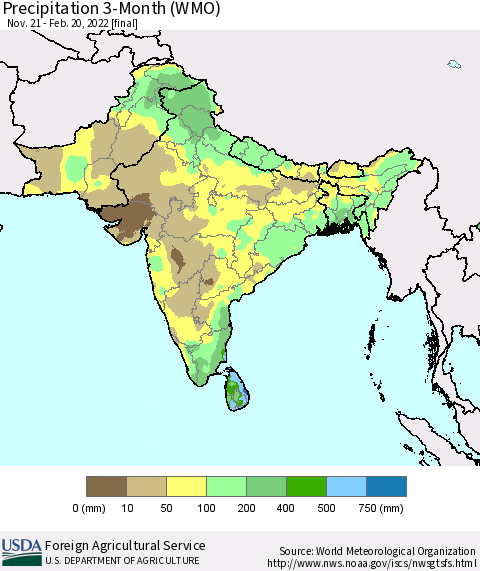 Southern Asia Precipitation 3-Month (WMO) Thematic Map For 11/21/2021 - 2/20/2022