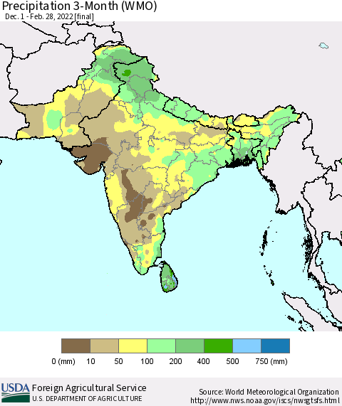 Southern Asia Precipitation 3-Month (WMO) Thematic Map For 12/1/2021 - 2/28/2022
