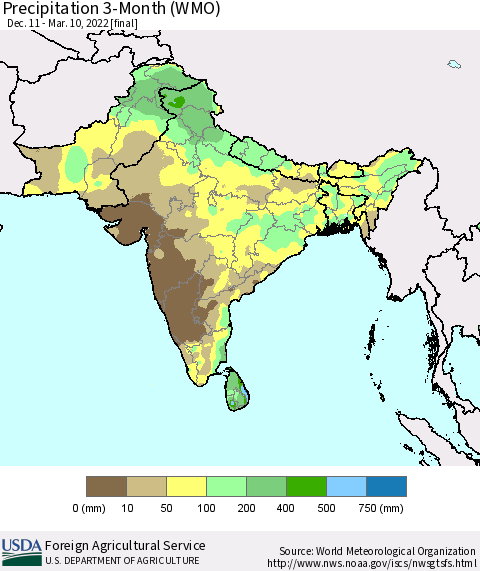 Southern Asia Precipitation 3-Month (WMO) Thematic Map For 12/11/2021 - 3/10/2022