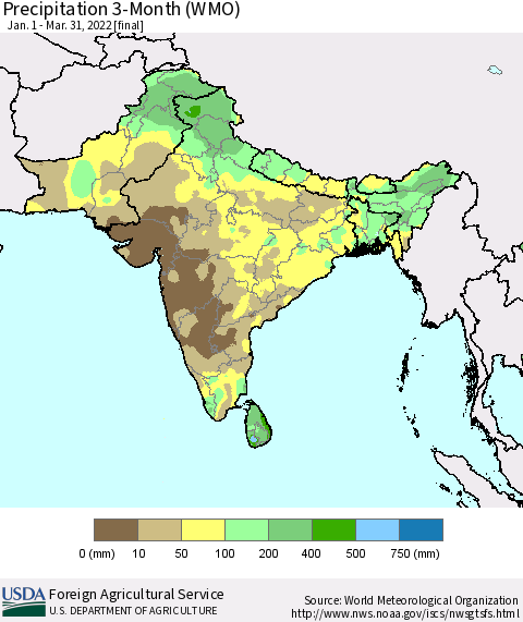 Southern Asia Precipitation 3-Month (WMO) Thematic Map For 1/1/2022 - 3/31/2022