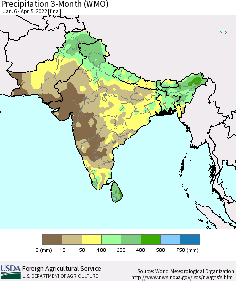Southern Asia Precipitation 3-Month (WMO) Thematic Map For 1/6/2022 - 4/5/2022
