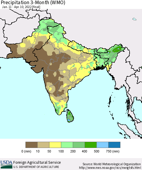 Southern Asia Precipitation 3-Month (WMO) Thematic Map For 1/11/2022 - 4/10/2022