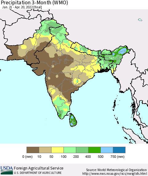Southern Asia Precipitation 3-Month (WMO) Thematic Map For 1/21/2022 - 4/20/2022
