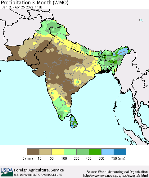 Southern Asia Precipitation 3-Month (WMO) Thematic Map For 1/26/2022 - 4/25/2022