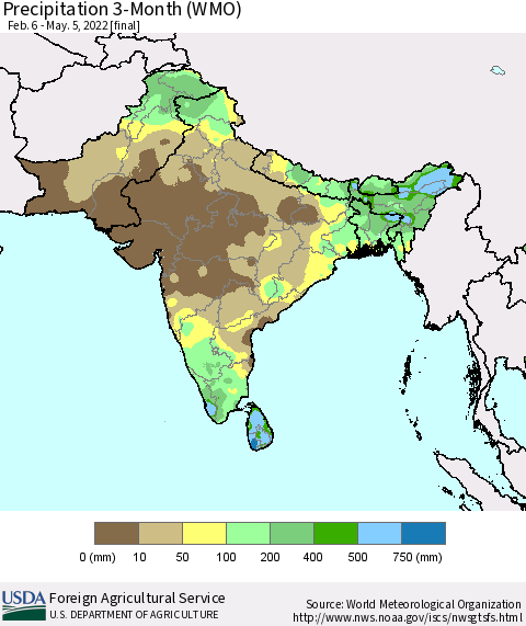 Southern Asia Precipitation 3-Month (WMO) Thematic Map For 2/6/2022 - 5/5/2022