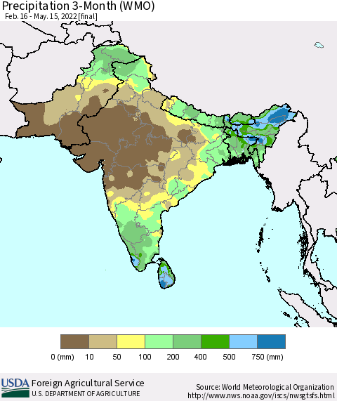 Southern Asia Precipitation 3-Month (WMO) Thematic Map For 2/16/2022 - 5/15/2022