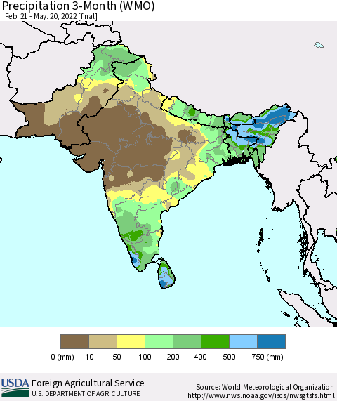 Southern Asia Precipitation 3-Month (WMO) Thematic Map For 2/21/2022 - 5/20/2022