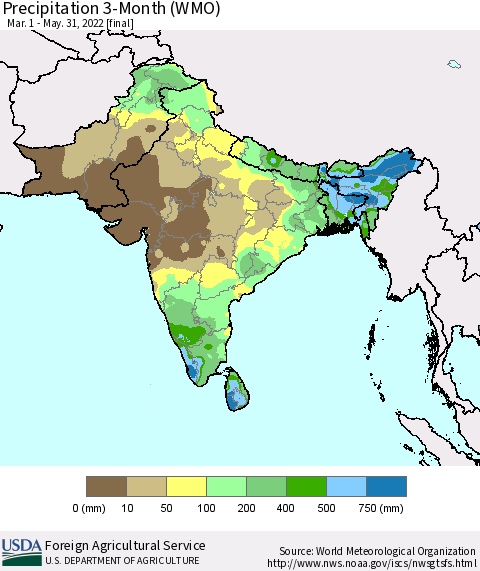Southern Asia Precipitation 3-Month (WMO) Thematic Map For 3/1/2022 - 5/31/2022
