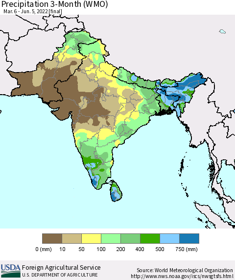 Southern Asia Precipitation 3-Month (WMO) Thematic Map For 3/6/2022 - 6/5/2022