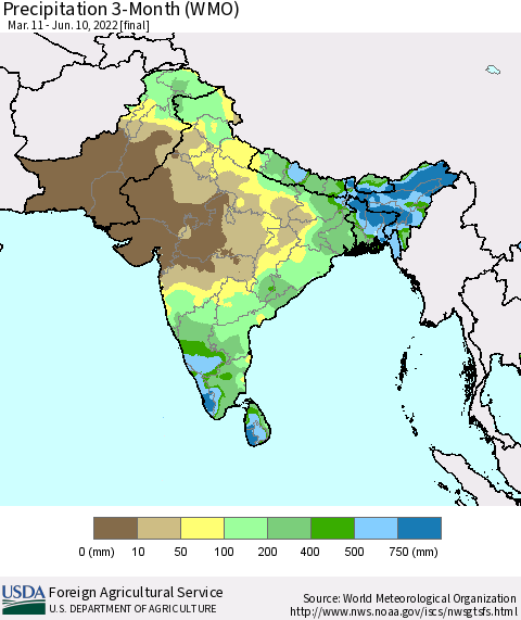 Southern Asia Precipitation 3-Month (WMO) Thematic Map For 3/11/2022 - 6/10/2022