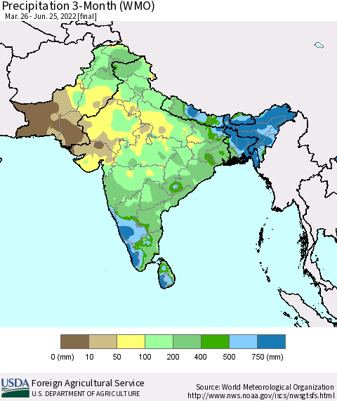 Southern Asia Precipitation 3-Month (WMO) Thematic Map For 3/26/2022 - 6/25/2022