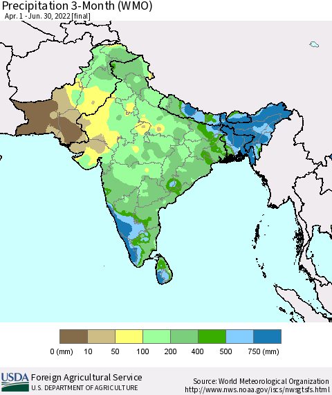 Southern Asia Precipitation 3-Month (WMO) Thematic Map For 4/1/2022 - 6/30/2022