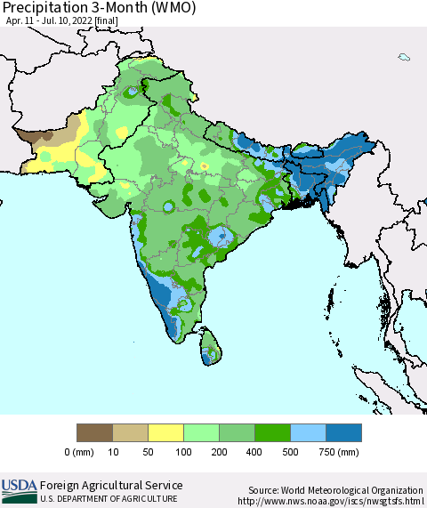 Southern Asia Precipitation 3-Month (WMO) Thematic Map For 4/11/2022 - 7/10/2022