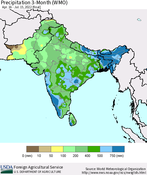 Southern Asia Precipitation 3-Month (WMO) Thematic Map For 4/16/2022 - 7/15/2022