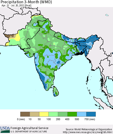 Southern Asia Precipitation 3-Month (WMO) Thematic Map For 4/21/2022 - 7/20/2022