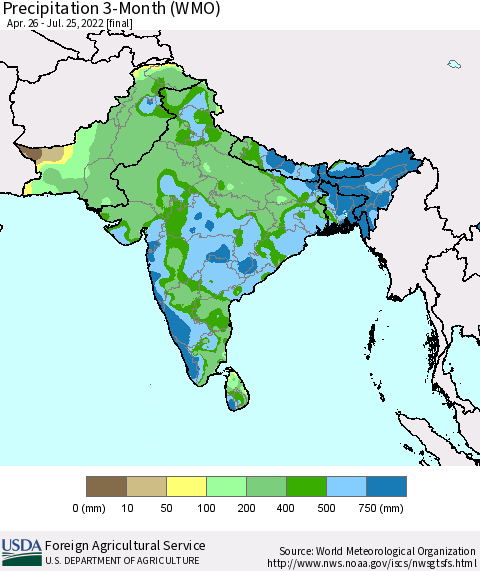 Southern Asia Precipitation 3-Month (WMO) Thematic Map For 4/26/2022 - 7/25/2022