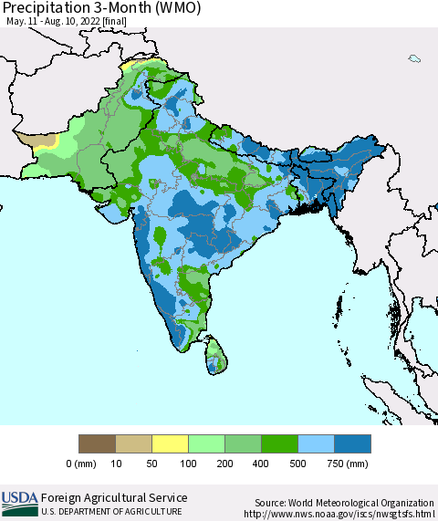 Southern Asia Precipitation 3-Month (WMO) Thematic Map For 5/11/2022 - 8/10/2022