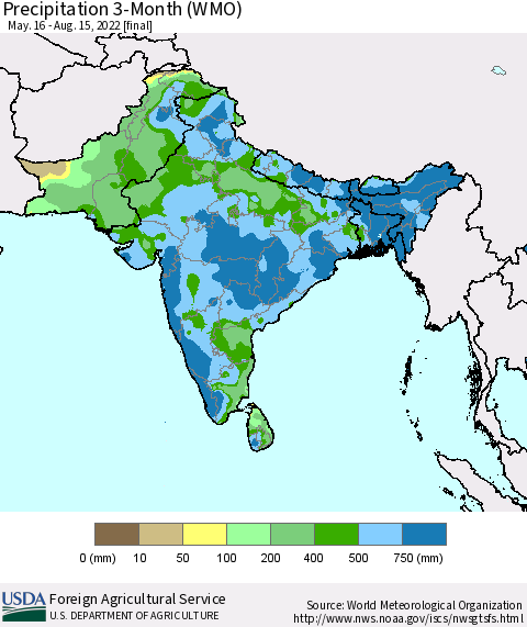 Southern Asia Precipitation 3-Month (WMO) Thematic Map For 5/16/2022 - 8/15/2022