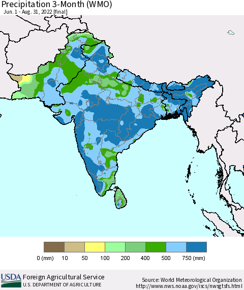 Southern Asia Precipitation 3-Month (WMO) Thematic Map For 6/1/2022 - 8/31/2022