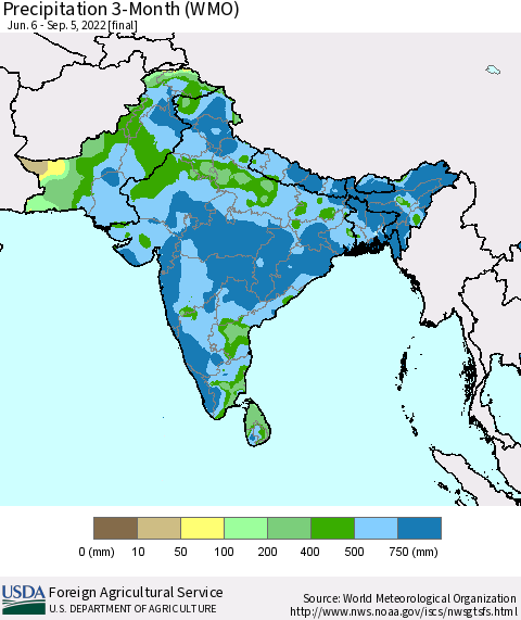 Southern Asia Precipitation 3-Month (WMO) Thematic Map For 6/6/2022 - 9/5/2022