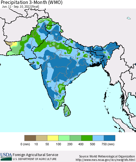Southern Asia Precipitation 3-Month (WMO) Thematic Map For 6/11/2022 - 9/10/2022