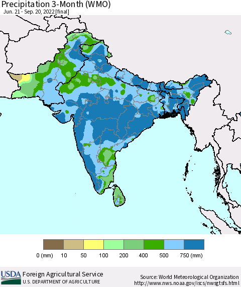 Southern Asia Precipitation 3-Month (WMO) Thematic Map For 6/21/2022 - 9/20/2022